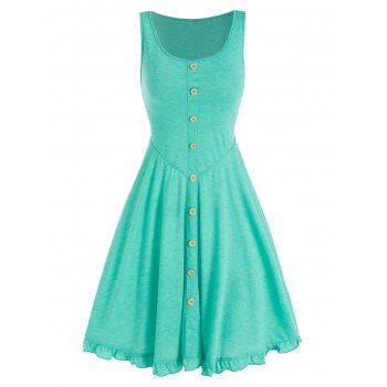 A Line Mini Casual Dress Mock Button Ruffle Solid Color Sleeveless Summer Dress