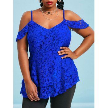 

Open Shoulder Lace Layered Hem Plus Size Blouse, Blue