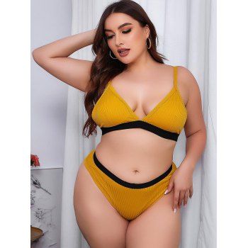 

Plus Size Ribbed Contrast Band Bra Set, Yellow