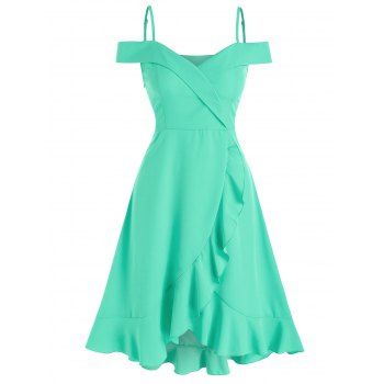 

Cold Shoulder Ruffle Hem Surplice A Line Dress, Green