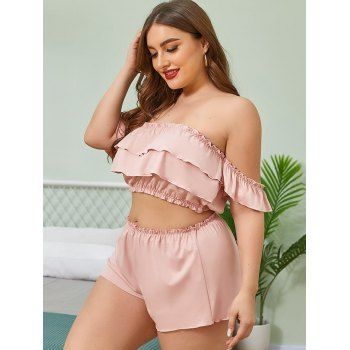 

Plus Size Frilled Trim Off The Shoulder Short PJ Set, Light pink