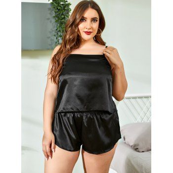 

Plus Size Silky Satin Slit Short Pajama Set, Black