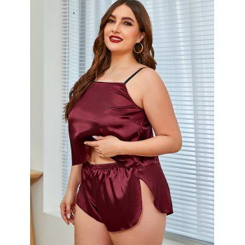 

Plus Size Silky Satin Slit Short Pajama Set, Deep red