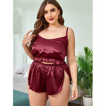 

Plus Size Satin Slit Ruffled Hem Pajamas, Deep red