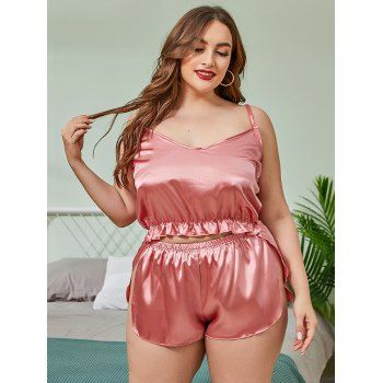 

Plus Size Satin Slit Ruffled Hem Pajamas, Light pink