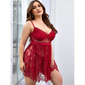 

Plus Size Scalloped Eyelash Lace Babydoll Set, Deep red