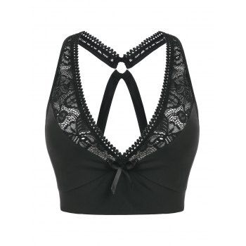

Plus Size Plunge Lace Panel Ring Cross Bralette Top, Black