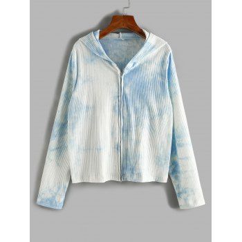 

Plus Size Tie Dye Hooded Ribbed Two Way Zip Cardigan, Light blue