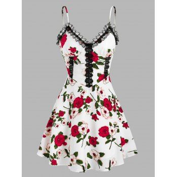 

Lace Frilled Flower Print Applique Cami Sundress, White