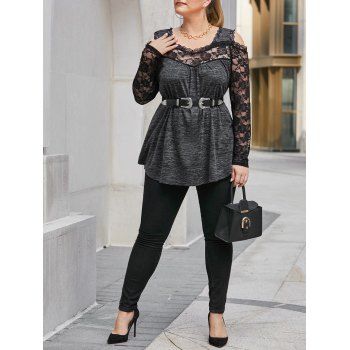 

Plus Size Space Dye Lace Sheer Open Shoulder Tee, Dark slate grey