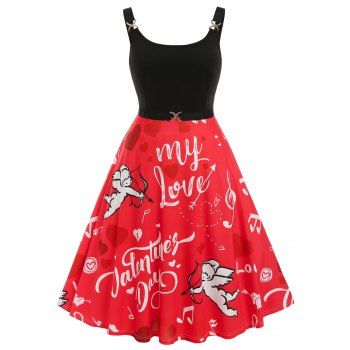 

Plus Size Hearts Angel Print Valentine Backless A Line Dress, Multicolor