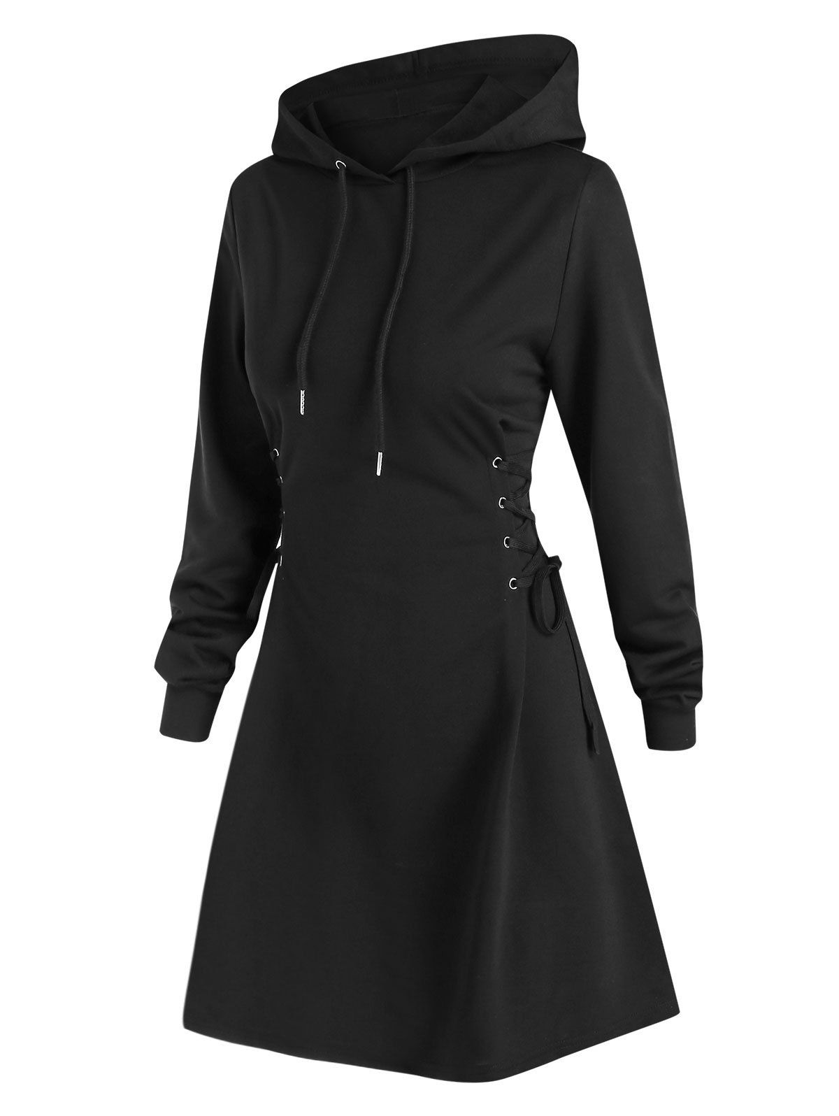 Mini Robe à Capuche à Lacets et Cordon de Serrage - Noir 2XL