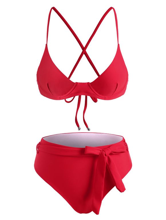 Maillot de Bain Bikini Ceinturé à Taille Haute à Armature - Rouge L