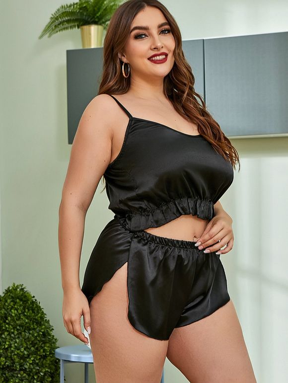 Pyjama de Grande Taille à Ourlet Fendu en Satin à Volants - Noir 4XL