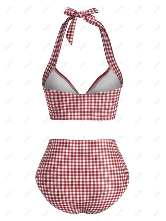 Maillot de Bain Tankini Gainant Vintage Style Corset à Carreaux avec Faux Bouton - Rouge M
