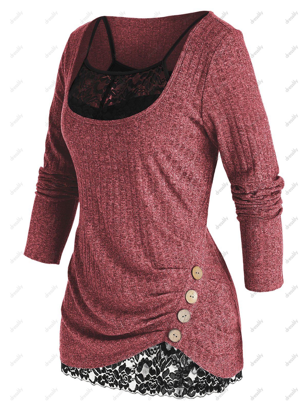 [38% OFF] 2021 Plus Size Ruched U Neck Sweater With Lace Cami Top Set In DEEP RED | DressLily