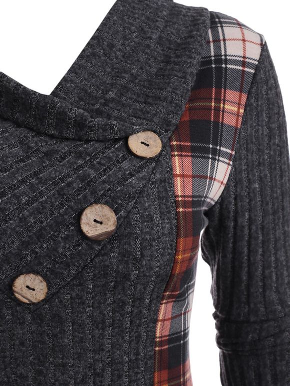 Haut Asymétrique Panneau à Carreaux en Tricot à Col Bénitier - Gris L