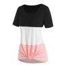 T-shirt Asymétrique Noué en Blocs de Couleurs - Rose clair XXL