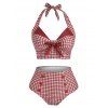 Maillot de Bain Tankini Gainant Vintage Style Corset à Carreaux avec Faux Bouton - Rouge M