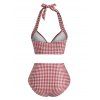 Maillot de Bain Tankini Gainant Vintage Style Corset à Carreaux avec Faux Bouton - Rouge M