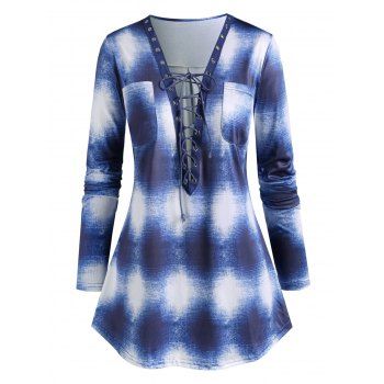 

Plus Size Lace Up Tie Dye Plunging Top, Blue