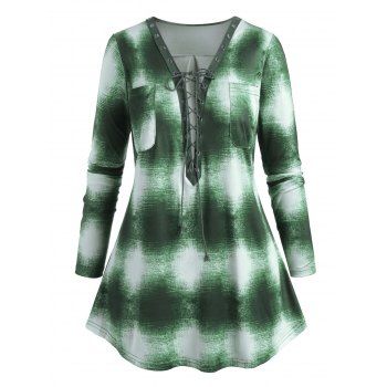 

Plus Size Lace Up Tie Dye Plunging Top, Green