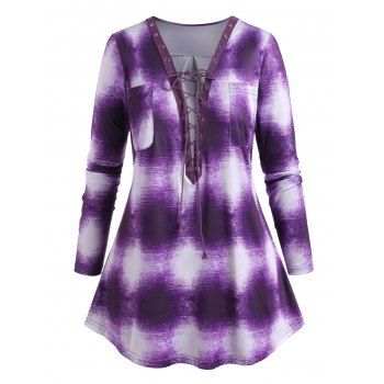 

Plus Size Lace Up Tie Dye Plunging Top, Purple