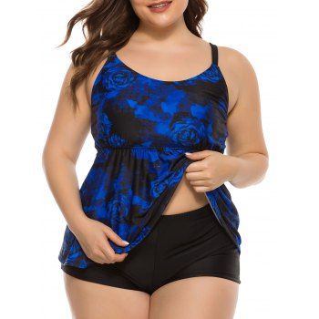 

Plus Size Floral Print Open Back Skirted Tankini Swimwear, Blue