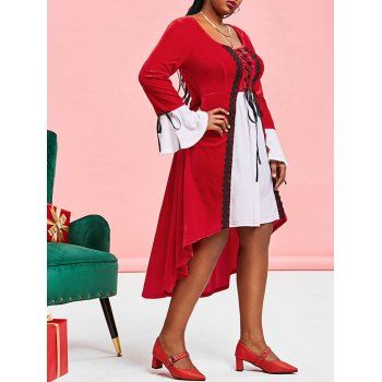 

Plus Size Velvet Lace-up Christmas Bell Sleeve Dress, Red