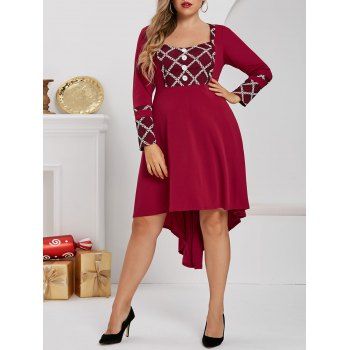 

Plus Size Dip Hem Mesh Insert Square Neck Dress, Cherry red