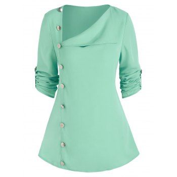 

Buttons Turn Down Neck Asymmetrical Top, Light green