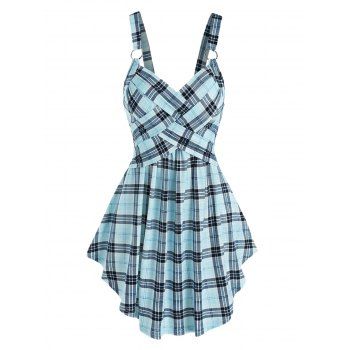 

Plaid Print O-ring Crossover Tank Top, Light blue