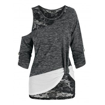 

Knotted Skew Neck Tee and Lace Tank Top Twinset, Black
