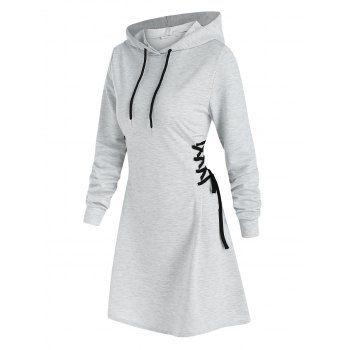

Plain Lace Up Drawstring Hooded Dress, Light gray