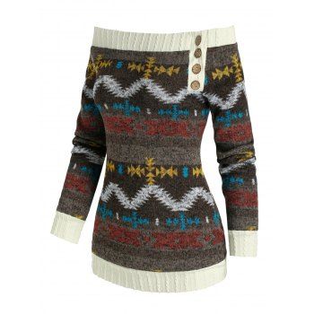 

Off The Shoulder Tribal Jacquard Sweater, Multicolor