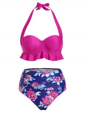 Halter Floral Ruffle Ruched Push Up Tankini Swimwear