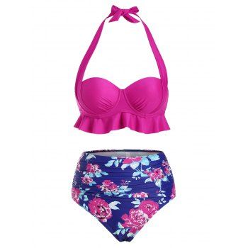 

Halter Floral Ruffle Ruched Push Up Tankini Swimwear, Deep blue