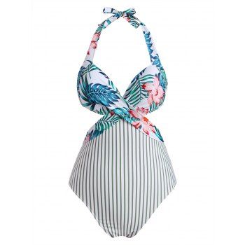 

Tummy Control Monokini One-piece Swimsuit Halter Tropical Print Striped Push Up Cutout One-piece Swimsuit, Light green