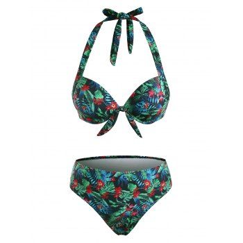 

Halter Tropical Floral Leaf Knot Push Up Bikini Swimwear, Black