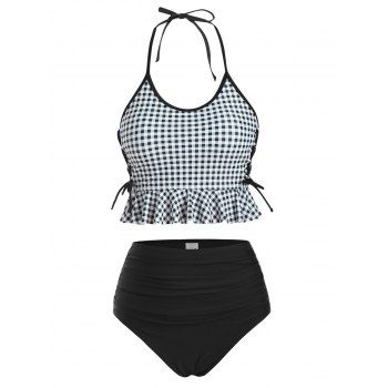 

Halter Gingham Ruffle Lace-up Ruched Tankini Swimwear, Black