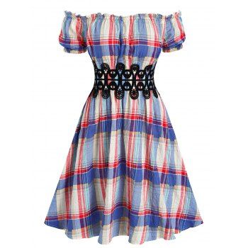 

Off The Shoulder Plaid Print Lace Insert Dress, Multicolor