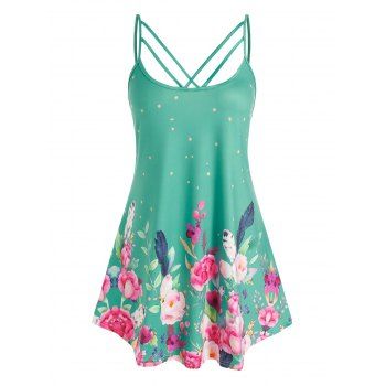 

Plus Size Flower Print Straps Cutout Long Tank Top, Light green