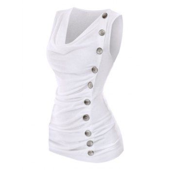 

Plus Size Cowl Neck Ruched Mock Button Tank Top, White