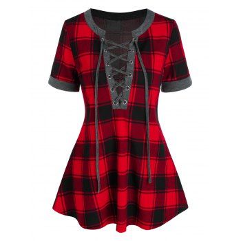 

Plaid Lace Up Tee, Red