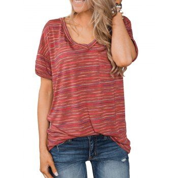 V Neck Striped Front Pocket Longline Tee, Red