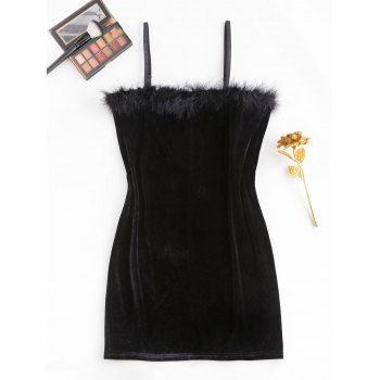 

Plus Size Spaghetti Strap Feather Trim Velvet Slinky Dress, Black