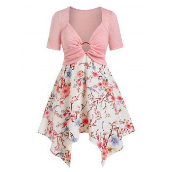 

Plus Size O Ring Floral Print Handkerchief Tee, Light pink