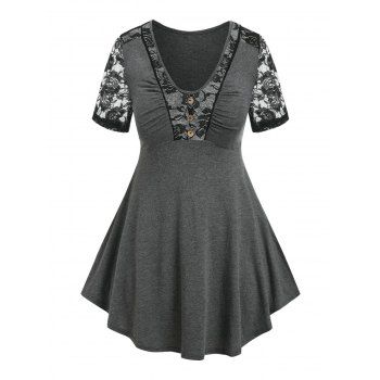 

Plus Size Lace Panel Empire Waist T Shirt, Gray
