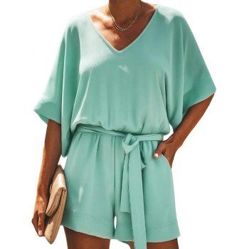 

Slip Pockets Belted Romper, Blue