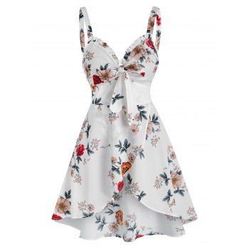 

Floral Print Bow Detail Overlap Tank Top, White